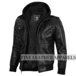 Men's Callsic Black Leather Jacket with Removable Hoodie