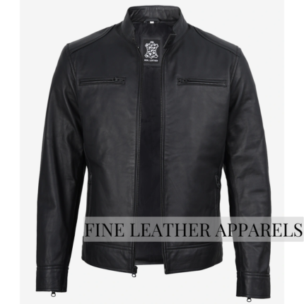 Dodge Black Cafe Racer Leather Jacket forTall Men's