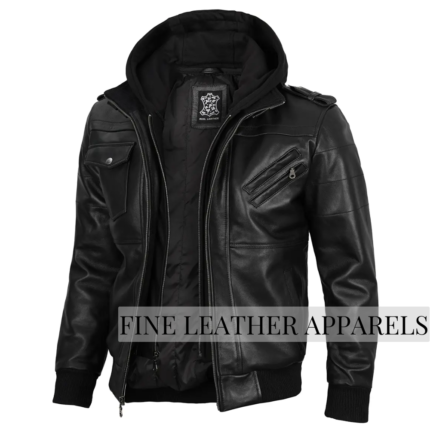Men's Callsic Black Leather Jacket with Removable Hoodie